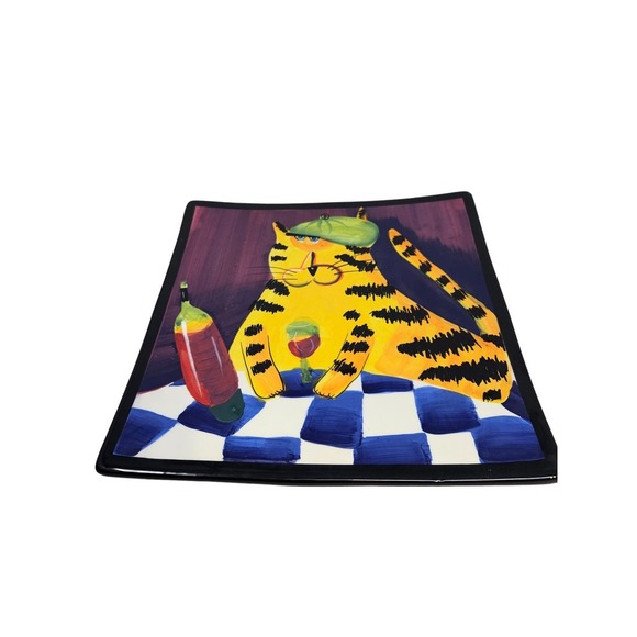 2 Ceramic Cat Plates Decorative Square Kitsch Wine Floral Naylor Designs Roscher - Picture 2 of 4